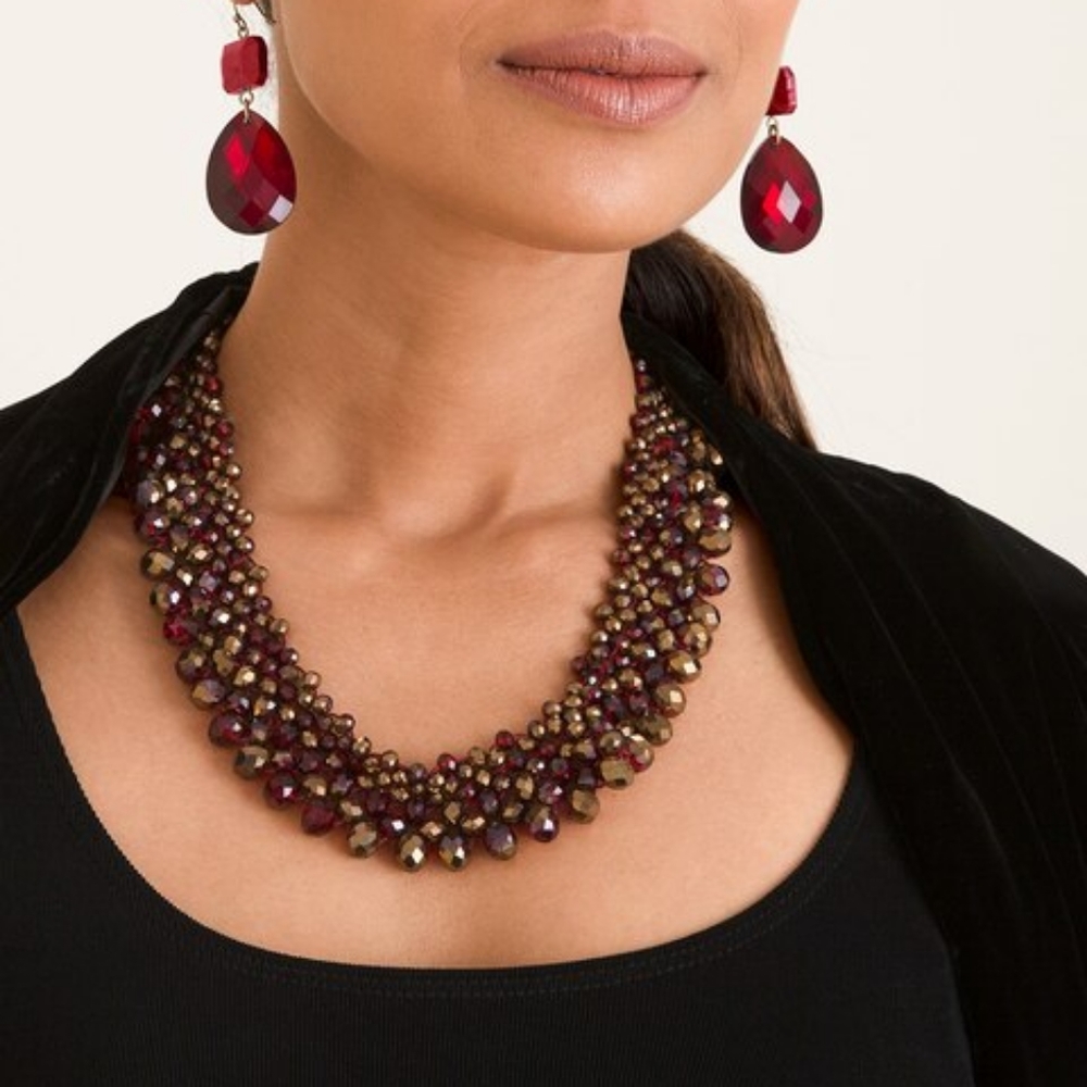 Chico's Red Bib Collar Necklace and Earring Set
